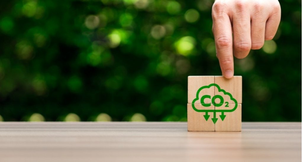 A hand holding a block with a co2 symbol on it